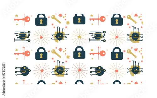cyber security encryption icons seamless pattern, repeating pattern, surface design, textile print, soft color palette, modern illustration, no shadows, flat