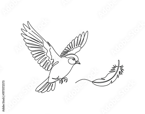 Feather Flight. Minimalistic one-line drawing a bird flying with a loose feather drifting nearby, continuous single black line on white background, simple