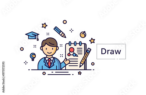 Art teaching badge with a teacher figure, sketchpad, and subtle ?Draw? label conveying education, creativity, and skill development. Minimalist flat vector
