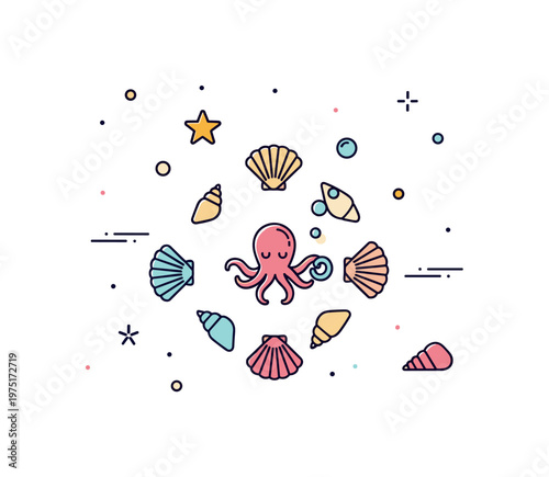 Seaside treasure game a tiny octopus arranging shells into a simple pattern with bubbles and dots adding playful motion. A charming visual metaphor for
