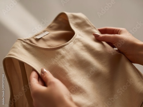 Elegant clothing fabric texture with hands touching soft material close up