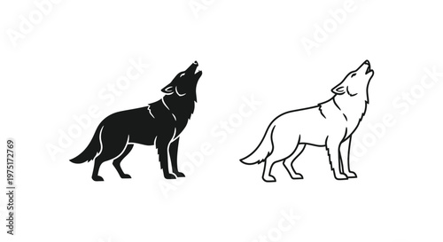 Howling Wolves: Symbolic Black and White Illustrations Vector