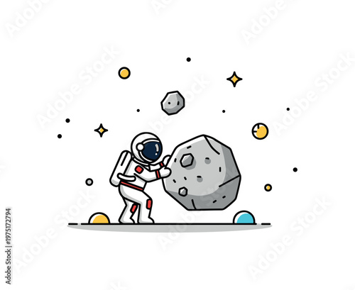 Asteroid discovery moment a tiny astronaut inspecting a rock with a focused stance and minimal cosmic accents around. A clean and engaging visual of space