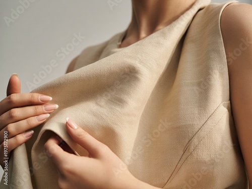Elegant clothing fabric texture with hands touching soft material close up