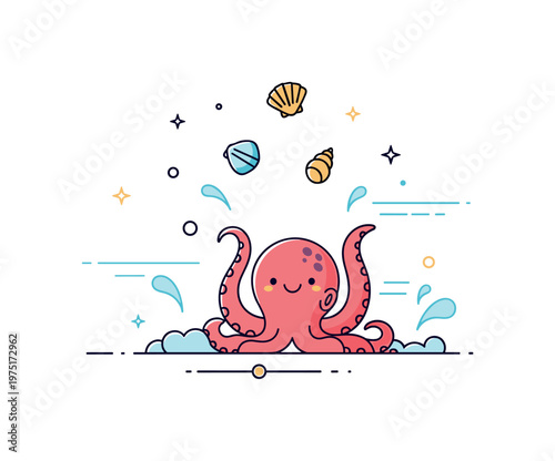 Marine joy a smiling octopus tossing small shells upward with gentle motion lines and soft water details. The composition expresses happiness and carefree