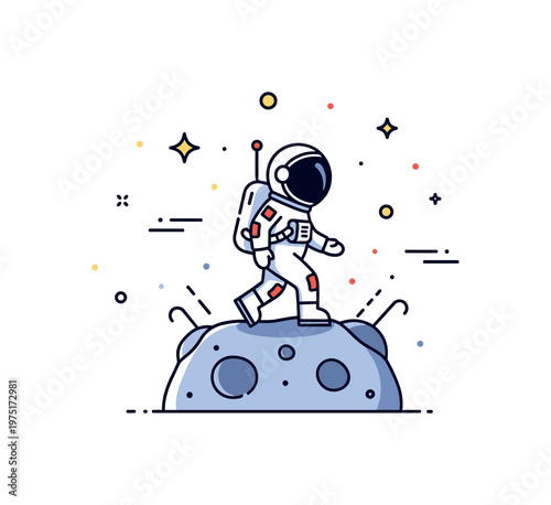Mini space explorer a small astronaut walking carefully on an asteroid with subtle motion accents and tiny star details. The composition conveys curiosity and
