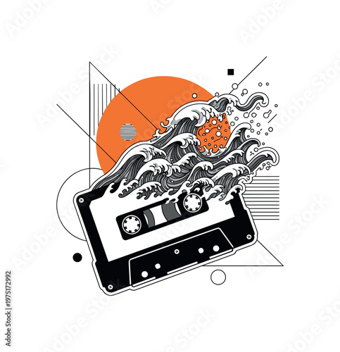 black and white vintage city skyline with a large sun above, bold red circle sun dominating the background, geometric lines and abstract shapes surrounding,