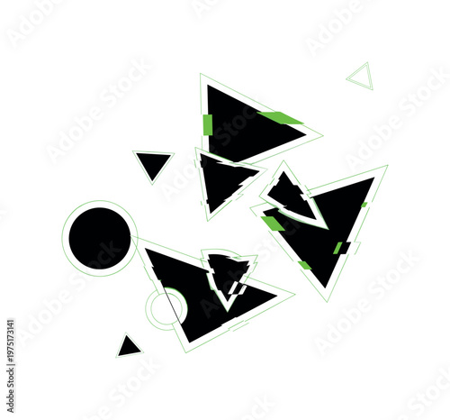 glitch analog distortion with sharp geometric fragments, monochrome static surface broken by triangles and circular shapes, white outline cut-out effect,
