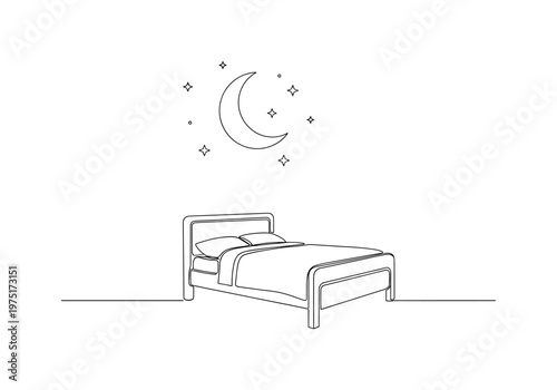 Restful Evening Concept. Minimalistic one-line drawing simple bed outline with floating crescent moon and minimal stars, continuous single black line on white