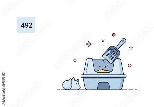 Daily pet cleaning task with a simple litter setup, scoop action, and small decorative dots expressing routine, care, and cleanliness. Minimalist flat vector