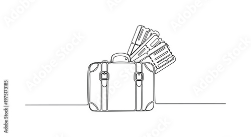 Weekend Getaway Illustration. Minimalistic one-line drawing compact luggage with tickets partially visible behind, continuous single black line on white