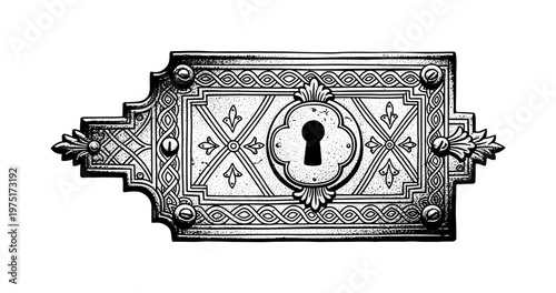 An old cabinet lockplate with engraved geometric and classical detailing, partially cropped at the frame edge for dynamic composition, black and white halftone