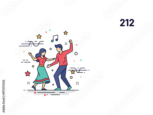 Vibrant dance motion scene with a couple, rhythmic lines, and subtle star elements suggesting music, energy, and cultural celebration. Minimalist flat vector