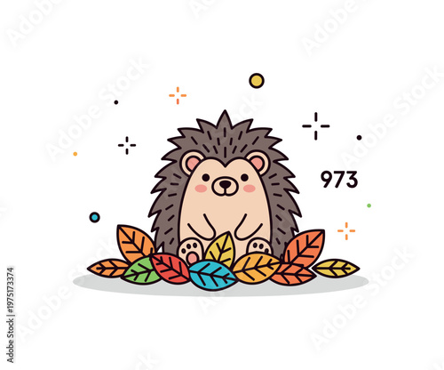 Tiny whimsical hedgehog autumn adorable little hedgehog sitting in a pile of colorful leaves with subtle decorative sparkles creating a playful