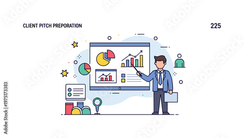 Client pitch preparation scene featuring a professional reviewing slides on a screen with simple charts and icons conveying clarity, organization,