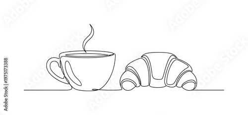 Bakery Scene. Minimalistic one-line drawing a coffee cup and a freshly baked croissant, continuous single black line on white background, simple outline style,