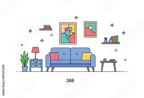 Minimal living space concept with a sofa, wall art, and small table arranged with generous spacing conveying openness and visual calm. Minimalist flat vector