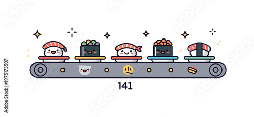 Little sushi conveyor cute tiny sushi plates moving along a conveyor belt with playful smiling faces and small decorative sparkles enhancing the whimsical