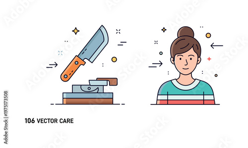 Tool care routine with a garden blade, sharpening stone, and subtle directional arrows conveying technique, consistency, and upkeep. Minimalist flat vector