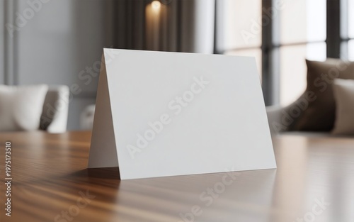Blank white folded card mockup on wooden table in blurred modern living room interior background.