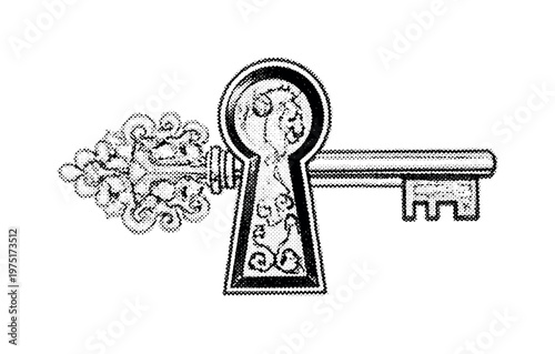 A ceremonial keyhole motif with elongated proportions and subtle vintage engraving details, shown alone with slight cropping, black and white