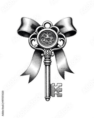 A ceremonial metal key suspended from a luxurious ribbon seal, interpreted as a symbol of secrecy and access, single object composition, black and white