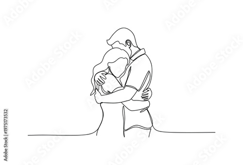 Warm Connection. Minimalistic one-line drawing a couple holding each other tightly in a loving embrace, continuous single black line on white background,