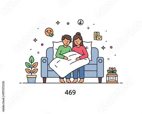 Evening relaxation with a loved one showing two people cuddling on a couch with a blanket and subtle calm icons conveying peace, comfort, and togetherness.