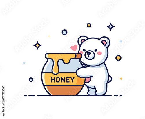 Sweet treat hug a tiny bear cuddling a honey pot with gentle sparkles and a soft rounded silhouette. The scene highlights affection and enjoyment in a playful