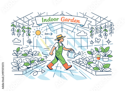 Greenhouse Interior. A bright glass greenhouse filled with neat rows of leafy plants and hanging vines,