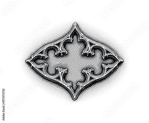 An embossed gothic badge with fine carved detailing and subtle texture variations, shown alone with slight cropping, black and white halftone illustration,