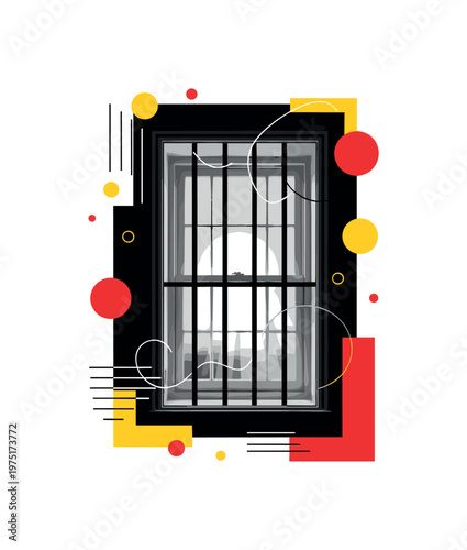 moonlit barred window perspective with floating circles abstract shapes and lines, black and white barred window frame with moonlight shining through with