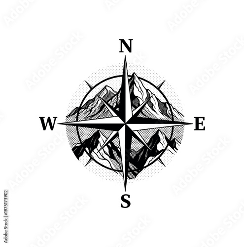 A compass with bold engraved lines and halftone gradients, symbolizing mountain navigation, black and white illustration, editorial print aesthetic, strong