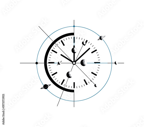 minimal clock enclosed in a blue circular frame with orbiting planets, thin linear elements suggesting time and motion, high contrast black and white subject,