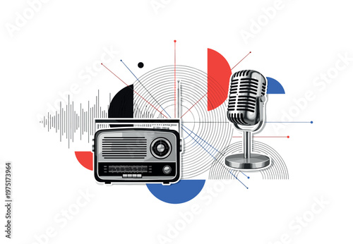 classic broadcasting theme collage with vintage radio and microphone, black and white realistic objects cut-out with white outline, concentric signal waves and