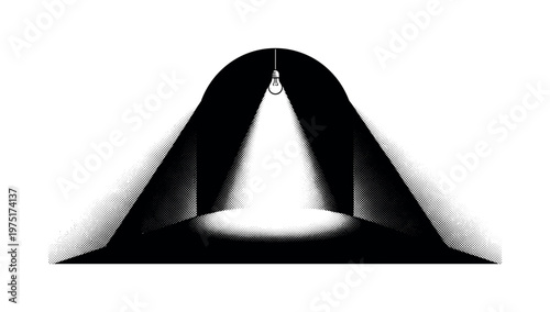 A dark tunnel entrance with a single overhead lamp casting halftone shadows, black and white halftone illustration, strong dot pattern shading, vintage