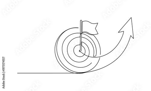 Success Milestone Concept. Minimalistic one-line drawing target with flag planted at center and smooth upward arrow, continuous single black line on white
