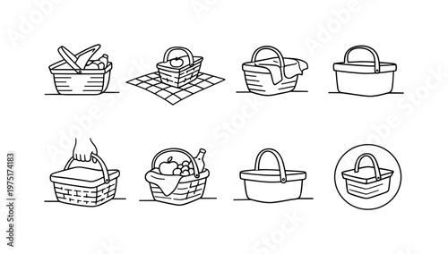 "Outdoor Picnic Icons". Minimalistic set one-line drawing basket with lid open showing food, picnic blanket