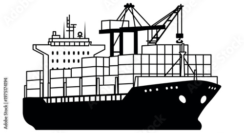 Large cargo ship loaded with containers and a crane for loading and unloading