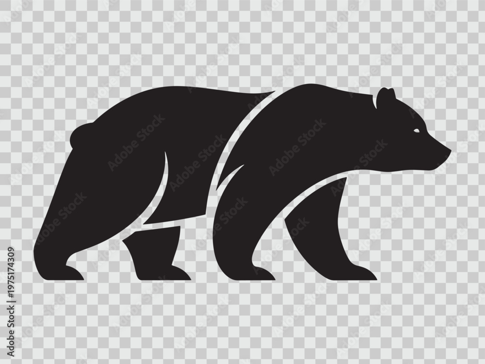 Obraz premium Stylized black bear walking left on transparent background, side view of wild animal.