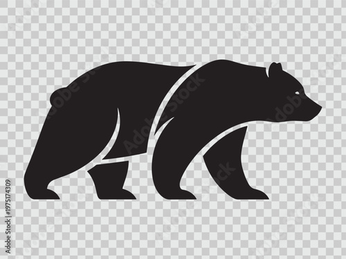Stylized black bear walking left on transparent background, side view of wild animal.