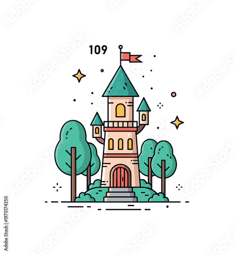 Mini forest magic tower adorable tiny wizard tower standing among trees with glowing windows and subtle decorative sparkles enhancing the whimsical scene.
