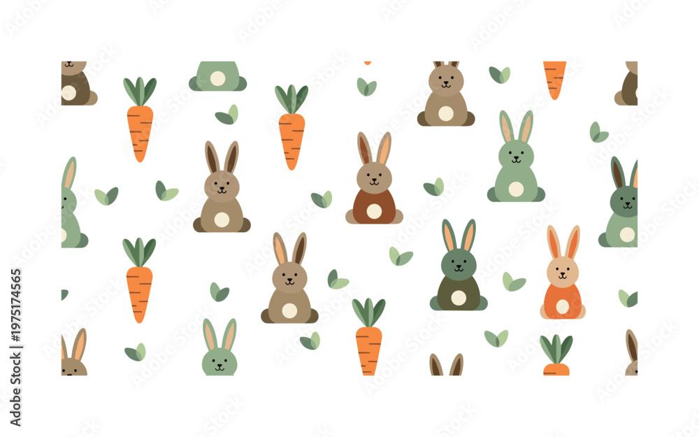 Fototapeta premium bunny carrot motifs seamless pattern, repeating pattern, surface design, textile print, soft color palette, modern illustration, flat vector rabbits with