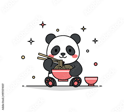 Tiny panda dining a cute panda holding a noodle bowl with chopsticks and balanced composition. The scene highlights simplicity and everyday pleasure,