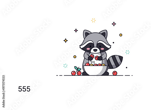 Tiny raccoon with berries cute little raccoon carefully washing bright berries in a small bowl, surrounded by subtle decorative sparkles enhancing