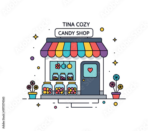 Tiny cozy candy shop adorable little storefront with jars of treats, a striped awning, and subtle decorative sparkles enhancing the whimsical illustration.