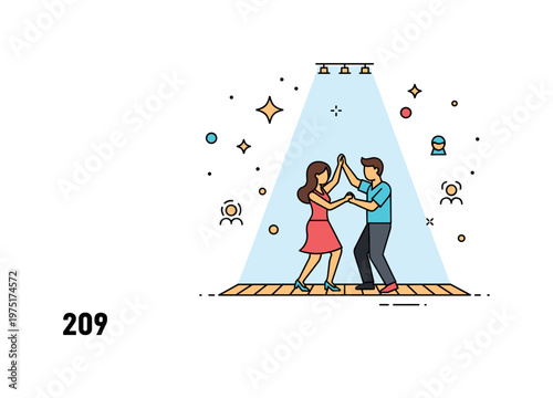 Dance floor celebration scene with a couple dancing, subtle spotlight glow, and decorative dots expressing joy, nightlife, and social interaction. Minimalist