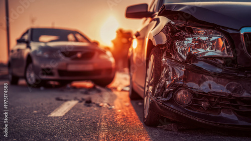 Damaged black sedan with front-end collision on a road at sunset and blurred secondary vehicle with an accident scene in the background