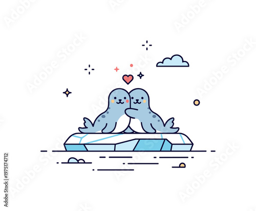 Arctic friendship a pair of small seals sitting close together on a shared ice floe with tiny hearts or sparkles suggesting warmth and connection. A gentle