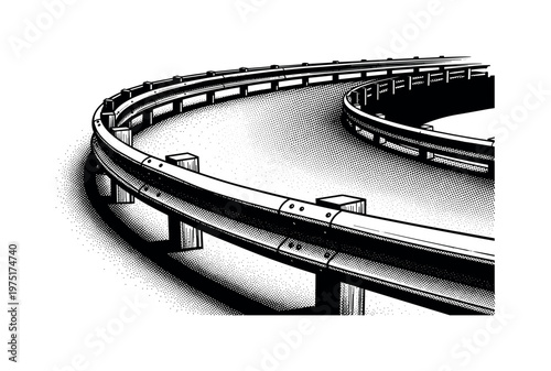 A curved road barrier disappearing into shadow, rendered with engraved linework and halftone gradients, black and white illustration, classic editorial print